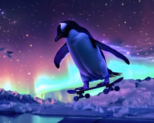 Naklejka premium Illustration of Penguin soaring through the air on a skateboard, starry night sky above, aurora borealis adding a magical touch. Ai Generate.