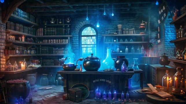 A background of a witch’s potion room filled with bubbling cauldrons, shelves of spell books, potion bottles, and eerie blue lighting, magical and spooky - Powered by Adobe