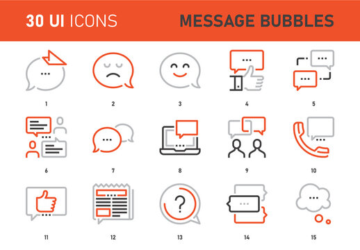 Vector set of message bubbles flat line web icons. Each icon with adjustable strokes neatly designed on pixel perfect 48X48 size grid. Fully editable and easy to use.