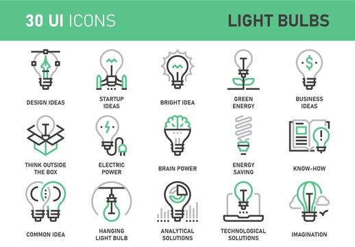 Vector set of light bulbs flat line web icons. Each icon with adjustable strokes neatly designed on pixel perfect 48X48 size grid. Fully editable and easy to use.