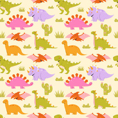 Childrens animals background. Bright cartoon dinosaurs seamless pattern on a light background