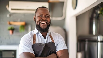 Naklejka premium portrait of an african american smiling service technician in uniform servicing or installing an air conditioner in a house and looking at the camera
