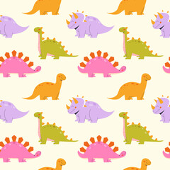  Childrens animals background. Seamless pattern with dinosaurs on a light background
