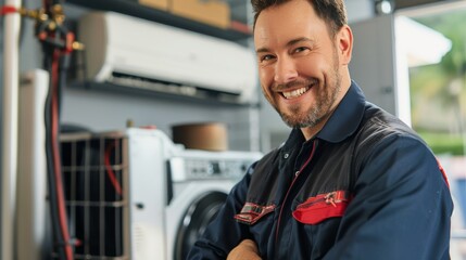 portrait of a Caucasian smiling service technician servicing or installing an air conditioner in a house and looking at the camera
