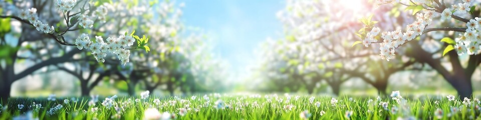 Spring Orchard with Blooming Cherry Trees, White Blossoms, and Sunlight Filtering Through Branches in a Dreamy, Pastel-Colored Landscape