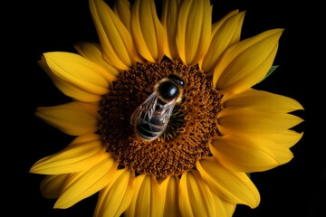 Close-up of a bee on a vibrant sunflower against a dark background