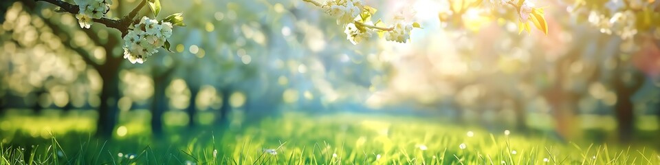 Obraz premium grass and sun, Springtime Orchard Delightful blurred background image of an orchard in spring, with blossoming fruit trees, green grass, and a clear blue sky. 