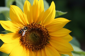 Close-up view of a bee on a vibrant sunflower in natural sunlight