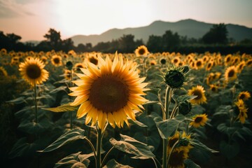 Obraz premium Striking image of a sunflower field basking in the golden sunlight with mountains in the backdrop