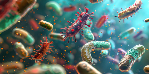 Antibiotic Resistance: A depiction of antibiotic-resistant bacteria, showing how these bacteria have evolved mechanisms to evade the effects of antibiotics, leading to difficult-to-treat infections
