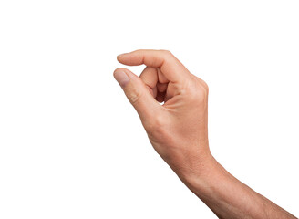 Hand holding a little bit of something, isolated on white background. Gesture indicating a pinch or...