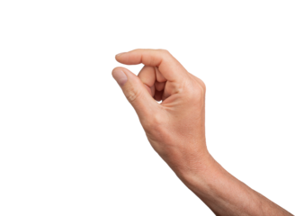 Hand holding a little bit of something, isolated on white background. Gesture indicating a pinch or small grasp, ideal for interaction and communication concepts. Close up view, transparent PNG