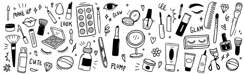 Makeup and beauty doodle set: hand drawn cosmetic elements vector collection  © Lisa