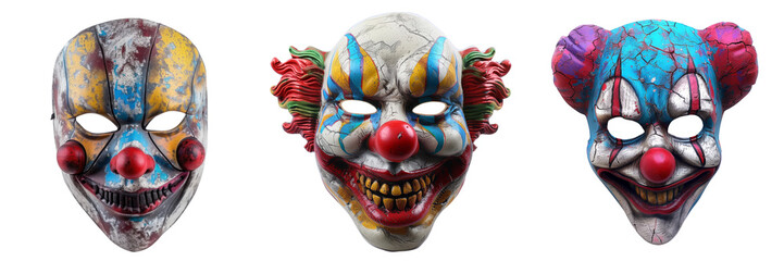 set of creepy clown mask with vibrant colors isolated on transparent background