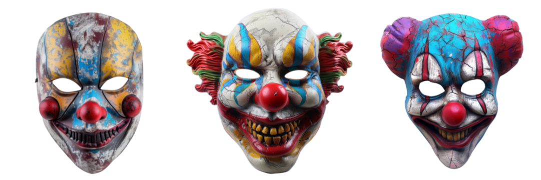 set of creepy clown mask with vibrant colors isolated on transparent background - Powered by Adobe