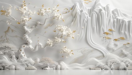 An artistic 3D rendering with white wavy textures and gold-leafed trees and flowers on a soft-colored background