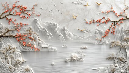 The artwork presents a serene 3D relief scene of mountains, a lake, traditional architecture, and trees with autumnal foliage and birds
