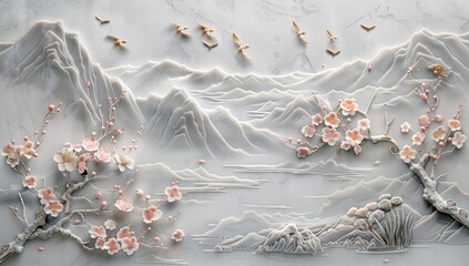 This image depicts a beautiful relief sculpture featuring mountain ranges with cherry blossoms and flying birds, evoking serenity