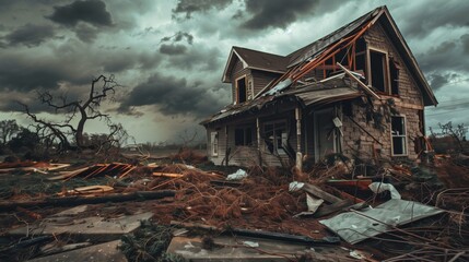 Dark skies loom over a house severely damaged by a tornado, with scattered debris and uprooted trees