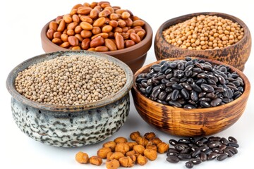 Naklejka premium Assorted beans and lentils in wooden bowls on white background, vibrant and nutritious, perfect for healthy living and culinary delight