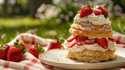 Bright and Airy Strawberry Cake on White Plate with Layers of Sponge Cake, Strawberries, and Whipped Cream, Decorated with Fresh Strawberries, Set in Green Meadow with Picnic Blanket and Basket