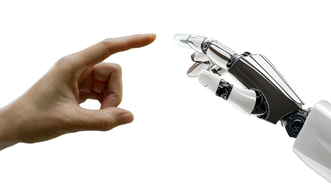 Human and robot hand pointing to each other, AI technology interaction and collaberation, concepts, ideas, isolated image on transparent background