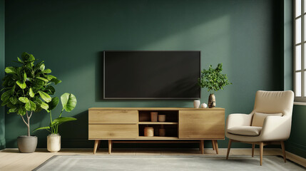 Scandinavian Living Room Style with Wooden TV Cabinet and Lush Green Wall, 3D Render