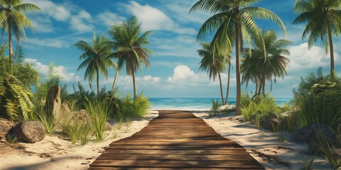 Obraz premium A wide and inviting wooden walkway extends through a sandy beach amidst tall palm trees, leading to a beautifully vast oceanic expanse with the bright blue sky overhead.