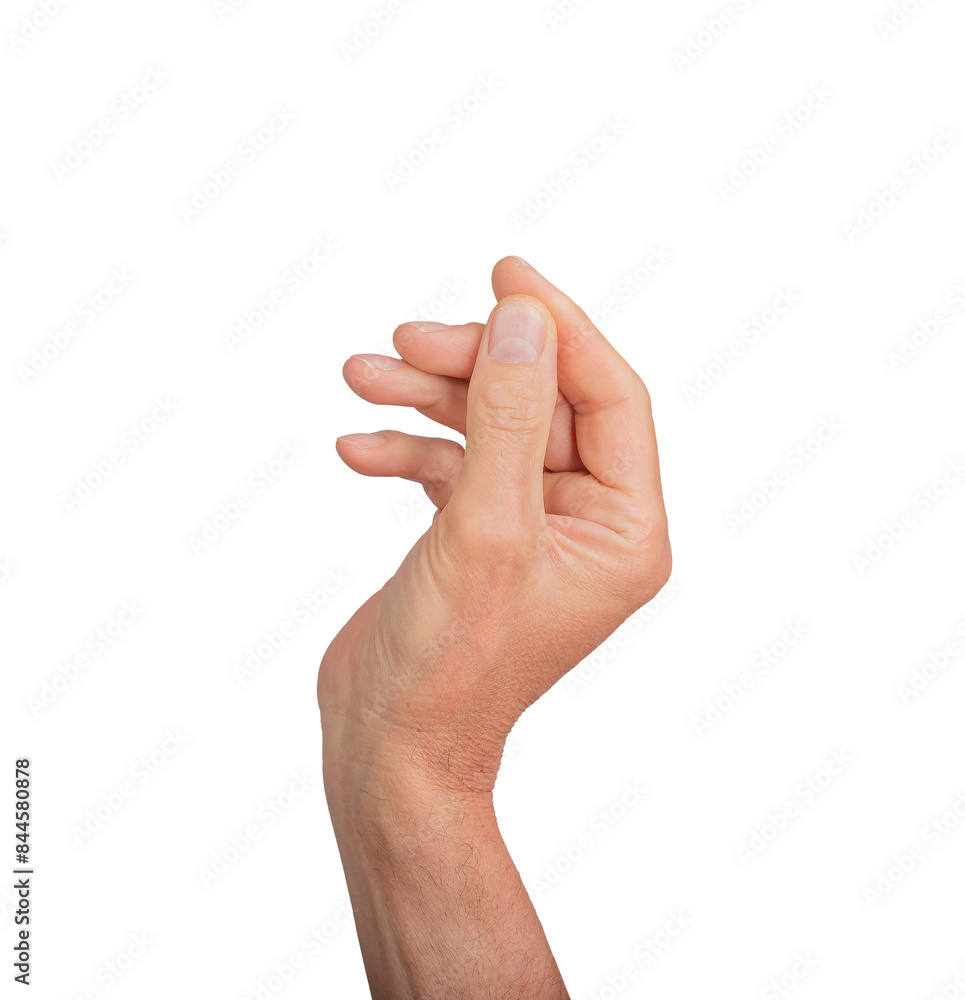 Wall mural Hand holding something small, isolated on white background. Gesture indicating a pinch or grasp, ideal for interaction and communication concepts. Close up view showing detail., transparent PNG