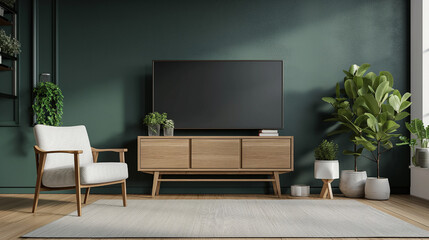 Scandinavian Living Room Style with Wooden TV Cabinet and Lush Green Wall, 3D Render