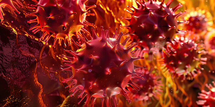 Bird Flu Virus: A detailed close-up of the H5N1 influenza virus, commonly known as bird flu, showing its spherical shape and surface proteins that enable it to infect birds and occasionally humans