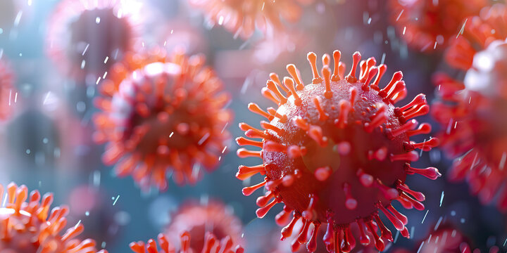Bird Flu Virus: A detailed close-up of the H5N1 influenza virus, commonly known as bird flu, showing its spherical shape and surface proteins that enable it to infect birds and occasionally humans.