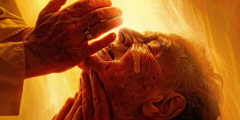 Anointing with Oil: A close-up of a religious leader anointing a person with oil, with pastel lighting adding a sense of spiritual renewal and blessing