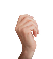 Hand holding something, partially curled into a fist, isolated on white background. Gesture...