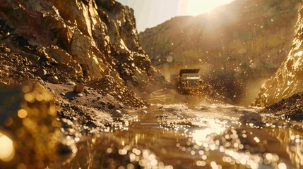 Obraz premium An off-road vehicle moves through a rugged canyon, its passage kicking up dust that sparkles in the golden sunlight filtering down
