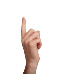 Naklejka premium Hand pointing up with index finger, isolated on white. Gesture indicating touch or selection, ideal for navigation and interactive concepts. Close up view showing detail., transparent PNG