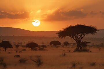 Warm sunset backlighting acacia trees on the vast savanna plains