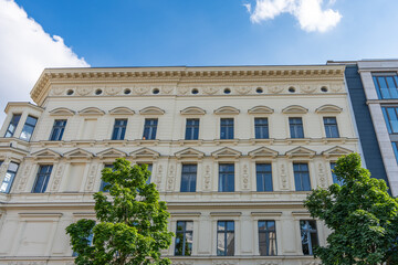 A large building with a lot of windows and a green tree in front of it. The building has a lot of detail and looks very old