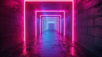 Fototapeta premium Glowing pink and blue neon lights in a dark hallway