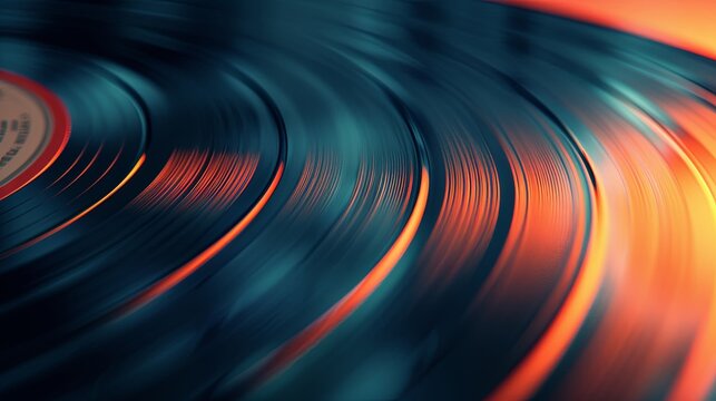 Close-up of a spinning record with a warm orange hue.