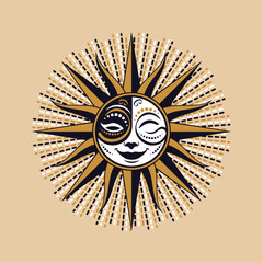 Abstract sun with two colored face. Abstract decorative sun with face in ancient style in dark blue, dark gold and white colors.
