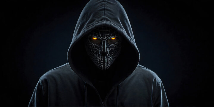 Computer hacker in a black hood on a black background Concept.
