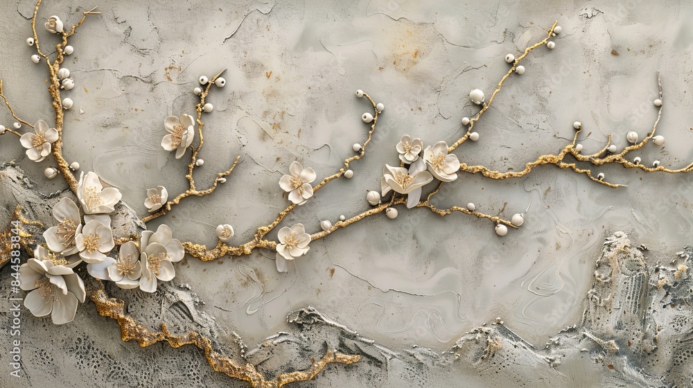 Wall mural detailed view of a stucco mural featuring a detailed depiction of a plum blossom with raised texture