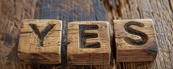 Word yes written with wooden cubes on rustic wooden surface
