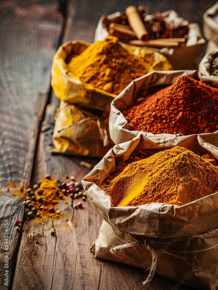 Aufkleber a close-up shot of various dried spices in open paper bags, arranged on a rustic wooden surface. gen