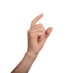 Hand showing a small measurement using thumb and index finger, isolated on white background. Gesture indicating size or measure, ideal for interaction and communication concepts., transparent PNG
