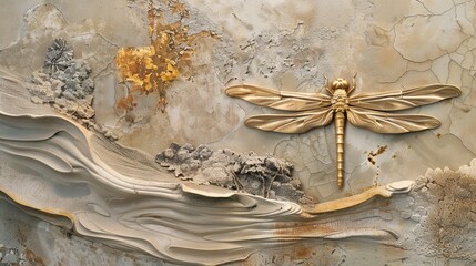 Detailed view of a textured stucco surface featuring a dragonfly with raised, gold-accented wings, against a faint image of a Japanese garden pond.