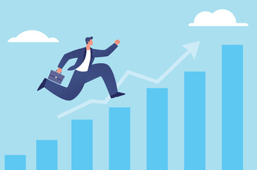 Businessman jumping up the bar graph. Running or jumping businessman in blue suit and bar graph flat illustration.