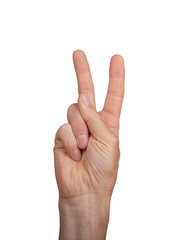 Hand showing the V sign for victory and peace. Isolated on white background, front view. Male hand gesturing success and positivity, ideal for concepts of success and communication, transparent PNG