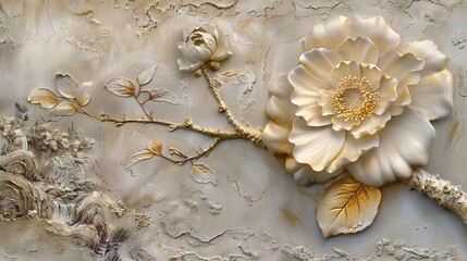 Detailed view of a stucco mural featuring a detailed depiction of a camellia flower with raised texture and gold accents, set against a faint image of a Japanese garden.
